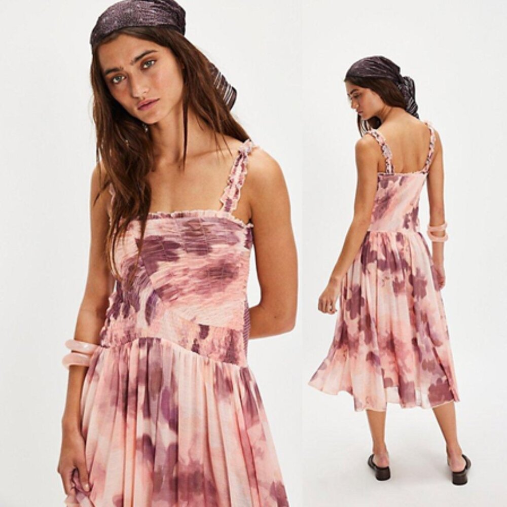 NEW Free People Tessa Smocked Midi Dress Flowy Pink Purple Soft Combo
